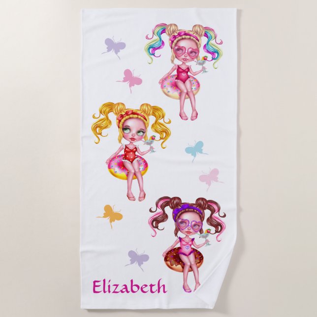Toalha De Praia Garotas Bonitas Tubando Com Butterias Personalizad (Frente)
