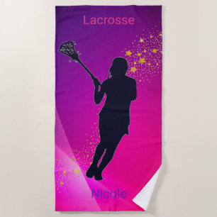 Toalha De Praia Garotas Lacrosse, Douradas Estrelas Rosa e Roxo