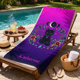 Toalha De Praia Gata Preta Celestial Mística Roxo Rosa