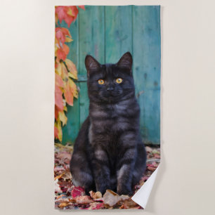 Toalha De Praia Gatinho Gato Preto Cachorro com Folhas Vermelhas P