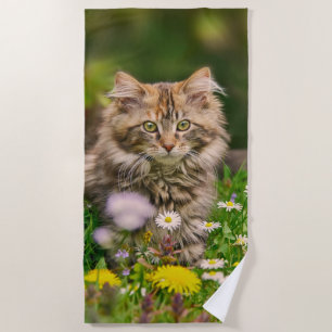 Toalha De Praia Gato de Gatinho de Maine Flauffy Gelado em Flores