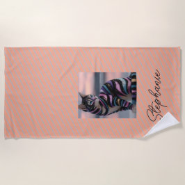 Toalha De Praia Gato Fofo e Design de Nome Personalizado