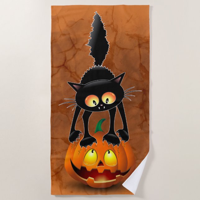 Toalha De Praia Gato Halloween Caricatura Assustada na Pumpkin (Frente)