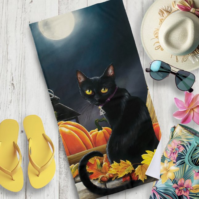 Toalha De Praia Gato Negro de Halloween (Criador carregado)