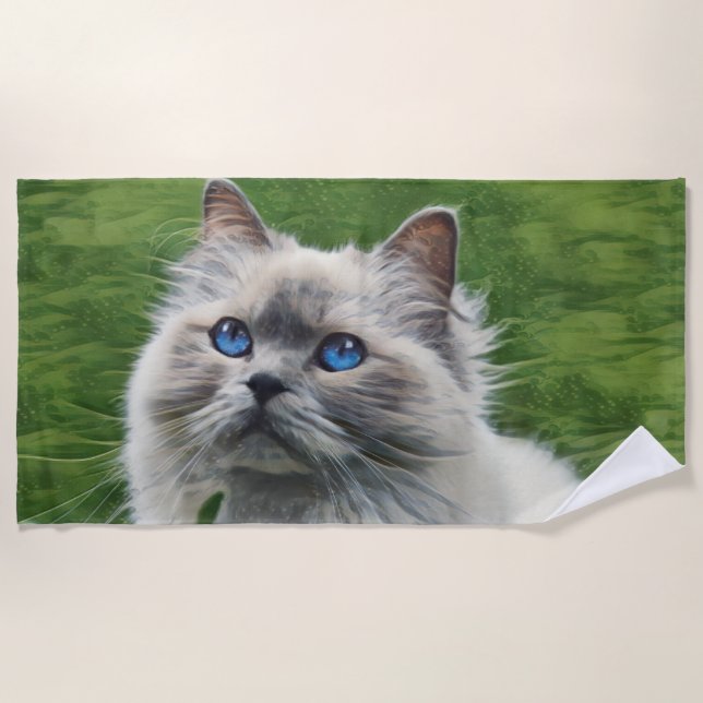 Toalha De Praia Gato Persa Branco Com Olhos Azuis (Frente)