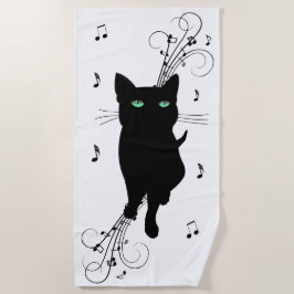 Toalha De Praia Gato Preto Rodeado por Notas Musicais Sussurrantes
