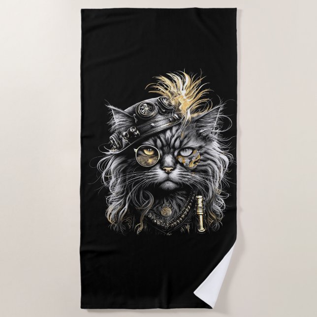 Toalha De Praia Gato Steampunk Incrível  (Frente)