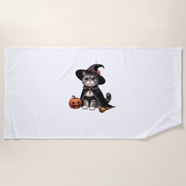 Toalha De Praia Gato Vestido como Bruxa (Frente)