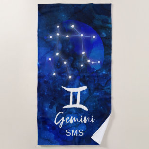 Toalha De Praia Gemini Zodiac Constelação Azul Galáxia Monograma