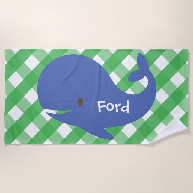 Toalha De Praia Gingham Whale Personalised Beach Towel (Frente)