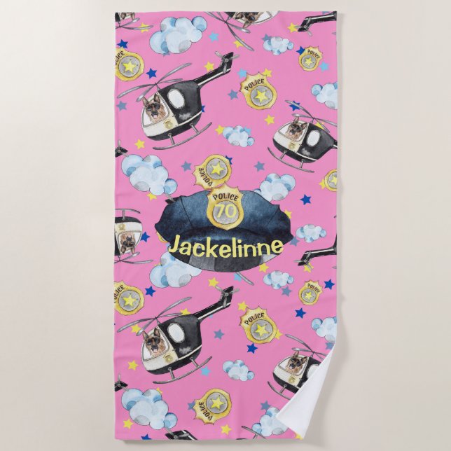 Toalha De Praia Girl's Name Cute Blue Police Hat Beach Towel (Frente)