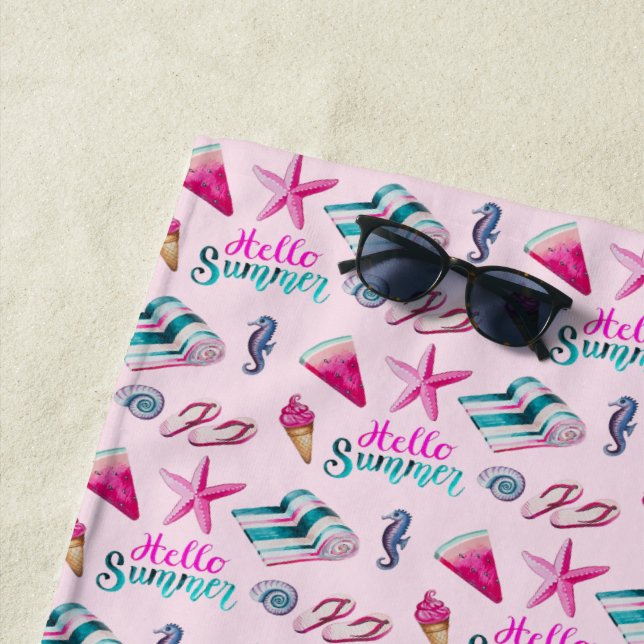 Toalha De Praia Girly Pink Summer Beach Holiday Pattern (In Situ)