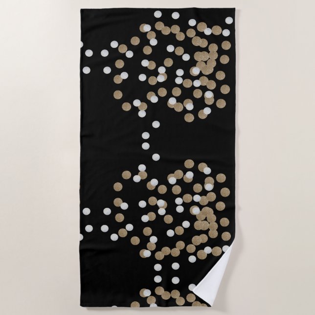 Toalha De Praia glam black and white dots champagne gold confetti (Frente)