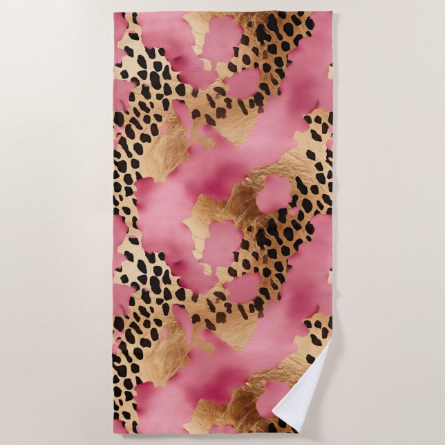 Toalha De Praia Glam Leopardo Dourado rosa (Frente)