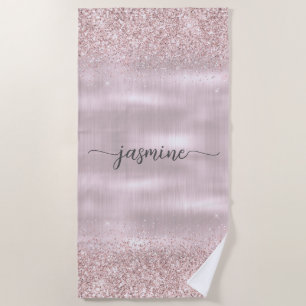 Toalha De Praia Glam Rosa Dourado Glitter Monograma Nome Feminino