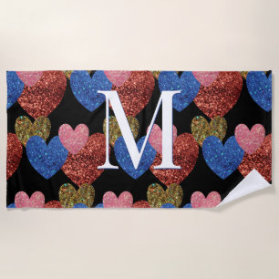 Toalha De Praia Glitter Hearts Modern Glam Monograma