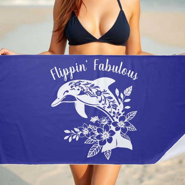 Toalha De Praia Golfinho Havaiano - Fabuloso Azul Profundo (Hawaiian Dolphin Flippin Fabulous Tropical Flowers Fisherman Aesthetics Fish Beach Towel Dark Blue)