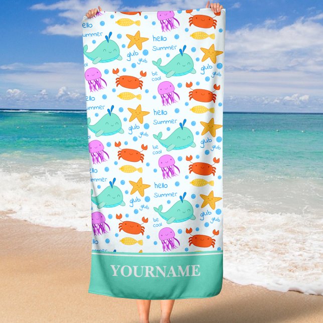 Toalha De Praia Golfinhos, Caranguejos, Octopus e Starfish Nome Pe (Criador carregado)