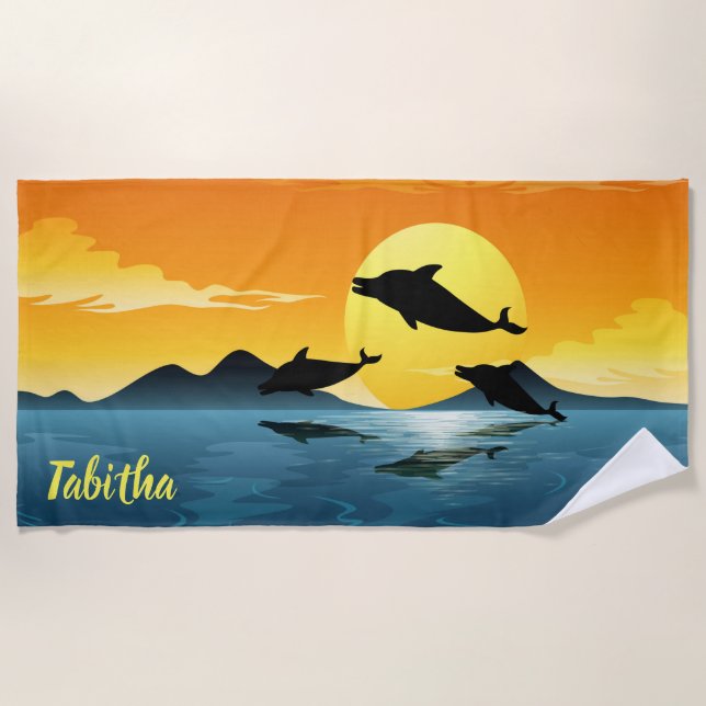 Toalha De Praia Golfinhos salpicantes no Sunset (Frente)