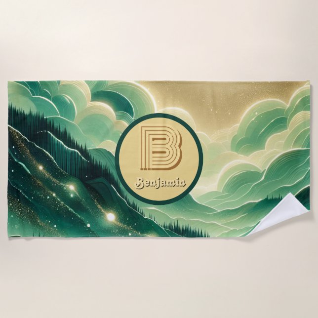 Toalha De Praia Gradient Emerald Kelly Green Glitter Monograma (Frente)