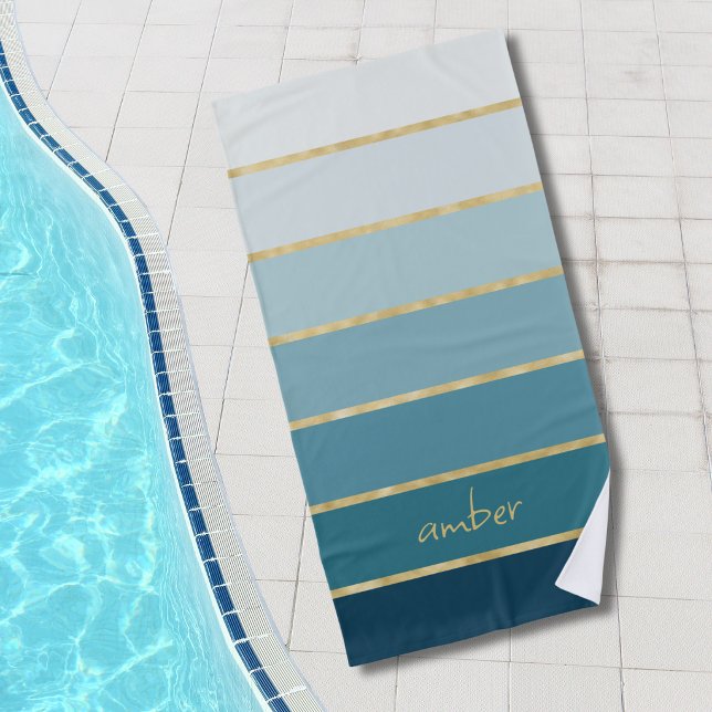 Toalha De Praia Gradiente de Teal Elegante com Listras Douradas (Criador carregado)