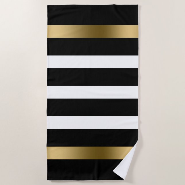 Toalha De Praia Gráficos brancos e pretos acentuados em ouro (Frente)