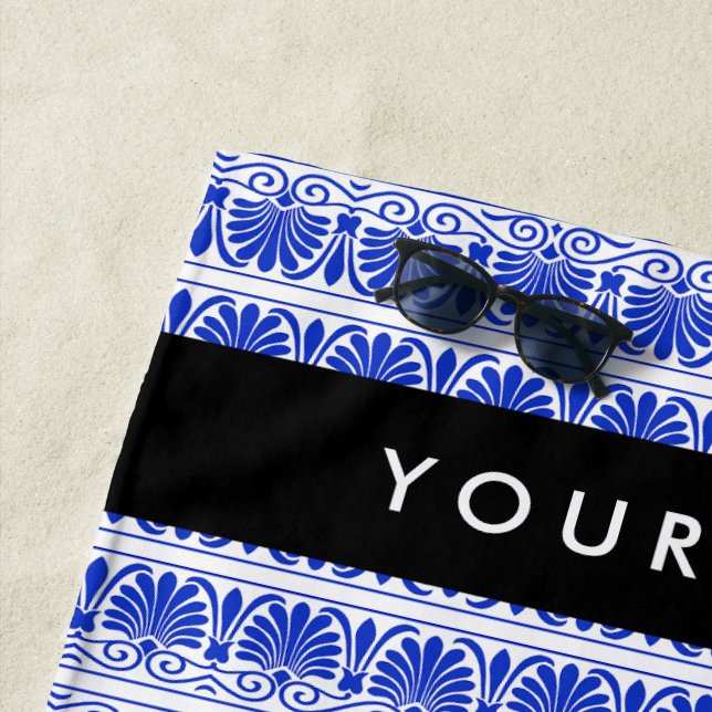 Toalha De Praia Grego Fret Arabesque Azul, Seu Nome, Personalize (In Situ)