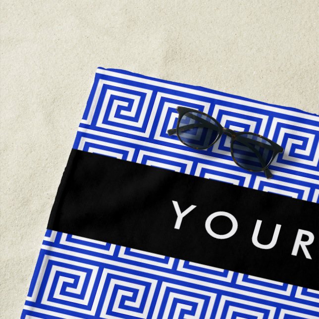 Toalha De Praia Grego Meander Key Blue, Seu Nome, Personalize (In Situ)