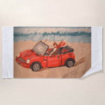 Greyhound em carro vermelho na Praia