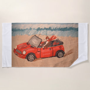 Toalha De Praia Greyhound em carro vermelho na Praia