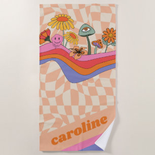 Toalha De Praia Groovy 70s Cogumelo Flor Personalizado Pêssego 