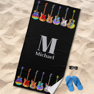 Toalha De Praia Guitarras Psicodélicas Personalizadas Preta