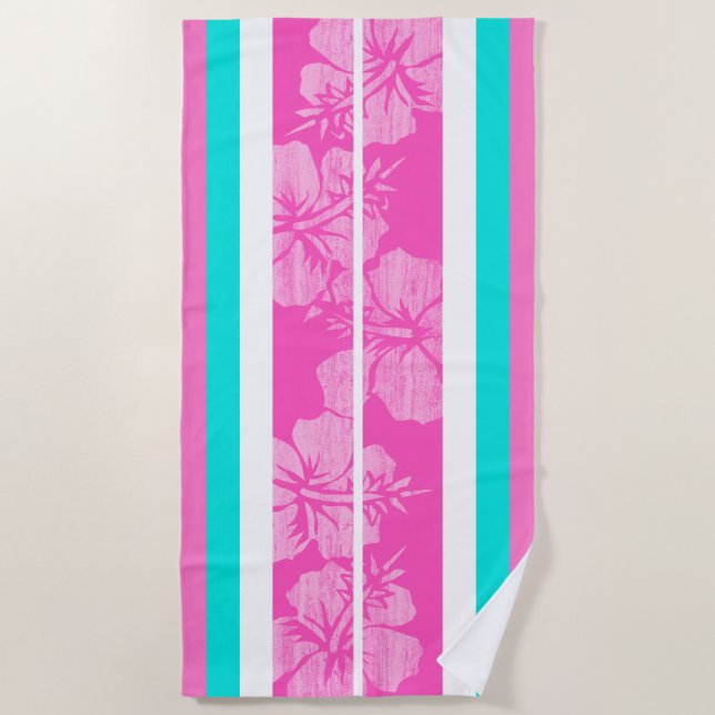 Toalha De Praia Haleiwa Surfboard Hawaiian Hibiscus Striped - Rosa (Frente)