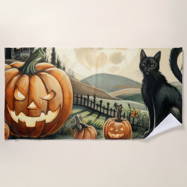 Toalha De Praia Halloween/outono/Outono/Abóbora/gato (Frente)