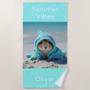 Toalha De Praia Hamster Bonito na Praia - Turquesa de Verão