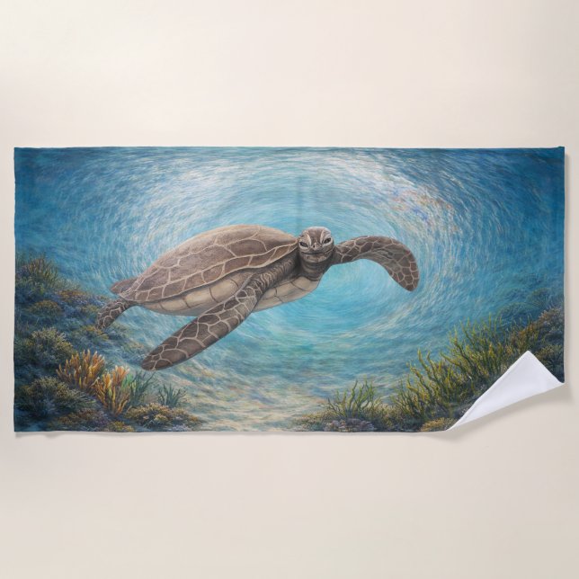 Toalha De Praia Hand-Painted Sea Turtle in Ocean Vortex  (Frente)