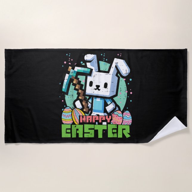 Toalha De Praia Happy Easter Bunny Pixel Game  (Frente)