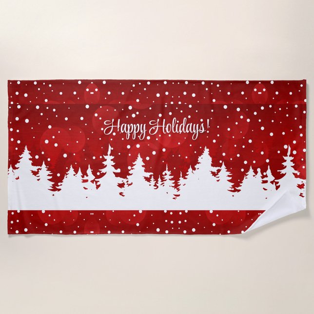 Toalha De Praia Happy Holidays Beach Towel (A festive holiday beach towel featuring a snowy forest scene with the Text "Happy Holidays"!)