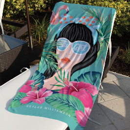 Toalha De Praia Hello Girl Beach Beaupical Palm & Flamingo