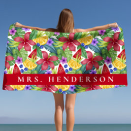 Toalha De Praia Hibiscus e Folhas Tropicais Nome Personalizado