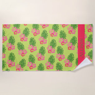 Toalha De Praia Hibiscus Havaiano, Cor-de-rosa, Padrão Flor Verde