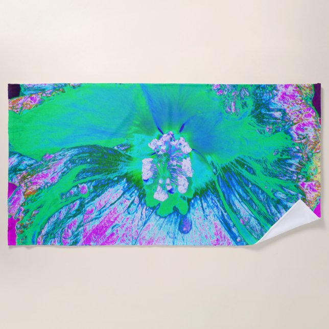 Toalha De Praia Hibiscus Retro Verde e Rosa Quente Psicodélico (Frente)
