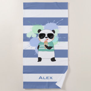 Toalha De Praia Hipster Panda em Râguebi Stripes com Nome