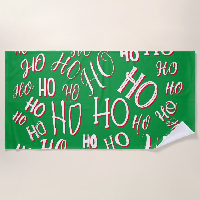 Toalha De Praia HO HO Padrão de texto de Natal branco verde (Frente)