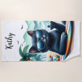 Toalha De Praia Hora da Praia Gato Preto Legal Personalizado
