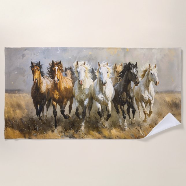 Toalha De Praia Horse Herd Galloping Mustang Painting (Frente)