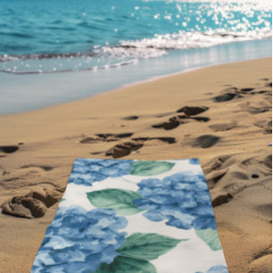 Toalha De Praia Hortênsia Azuis Floral Aquarela Botânica Flora