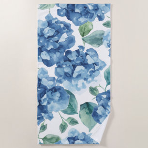 Toalha De Praia Hortênsia Blues Padrão de Flor de Blooms Aquarel