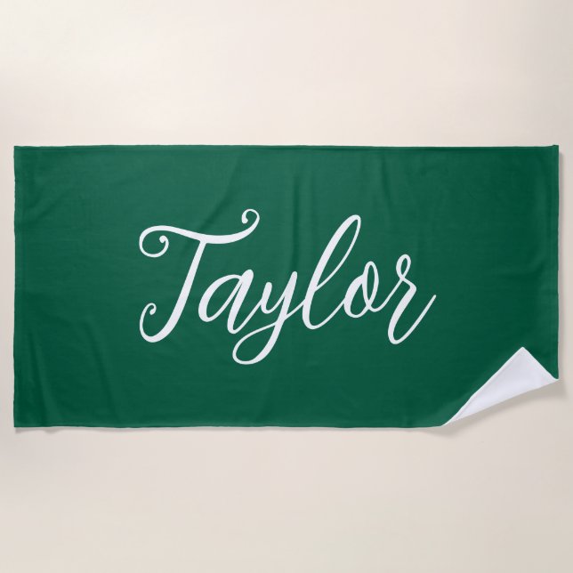 Toalha De Praia Hunter Green Chic Customized Handwritten Script (Frente)