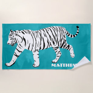 Toalha De Praia Ilustração Branca de Tigre na Teal Personalizada